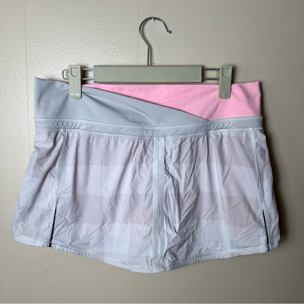 Lululemon RunPace Grow Gingham Skort Dune Bleached Coral Sz 8 Crossover Waist